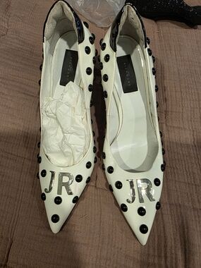 Richmond White Pointed Leather Studded Flats with JR Emblem